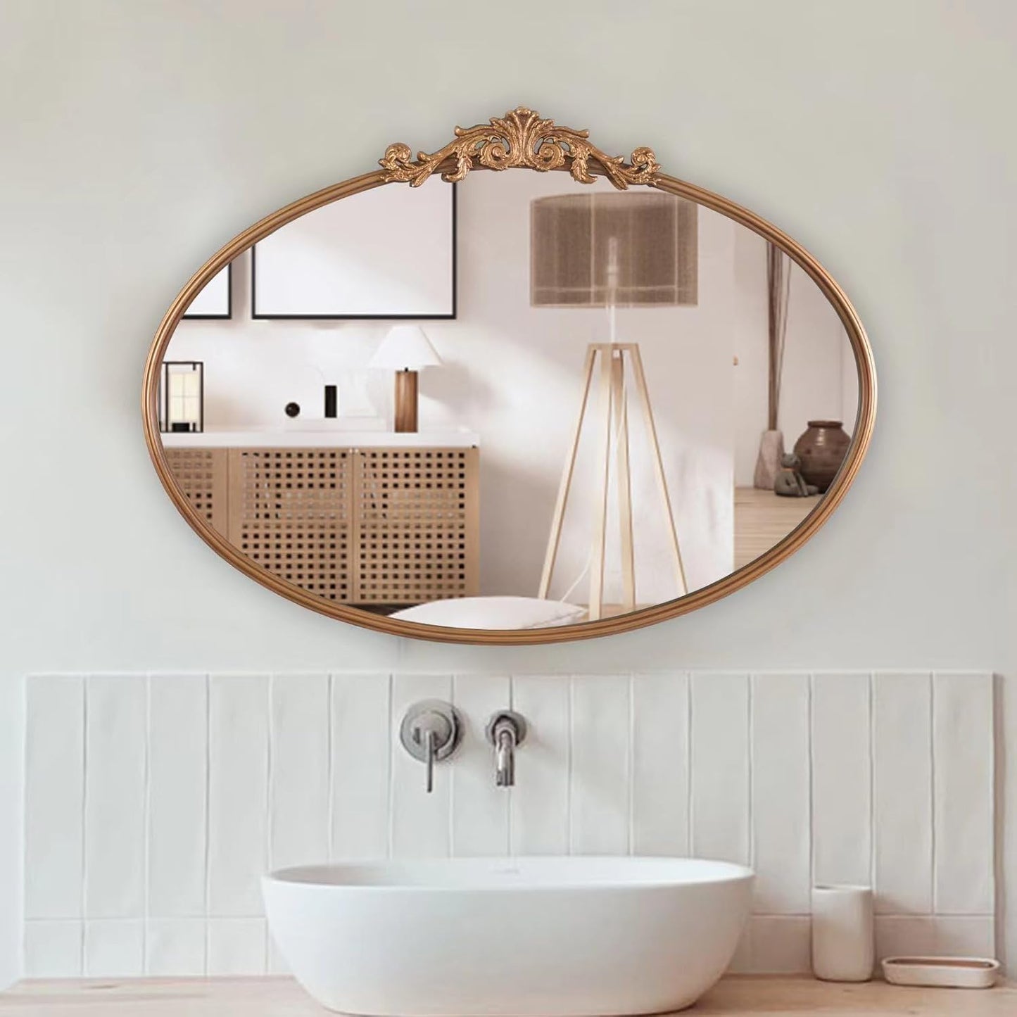 Gold Oval Mirror for Wall,Baroque Fireplace Decor,Brass Wall Mirror,Victorian Vintage with Full Matel Frame,Ornate Entryway/Bathroom/Living Room/Hallway 36''X24'' (XD-004ZM)