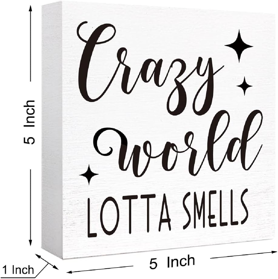 Funny Crazy World Lotta Smells Wood Block Sign for Shelf, Tabletop Decor - Farmhouse Bathroom Wooden Box Sign