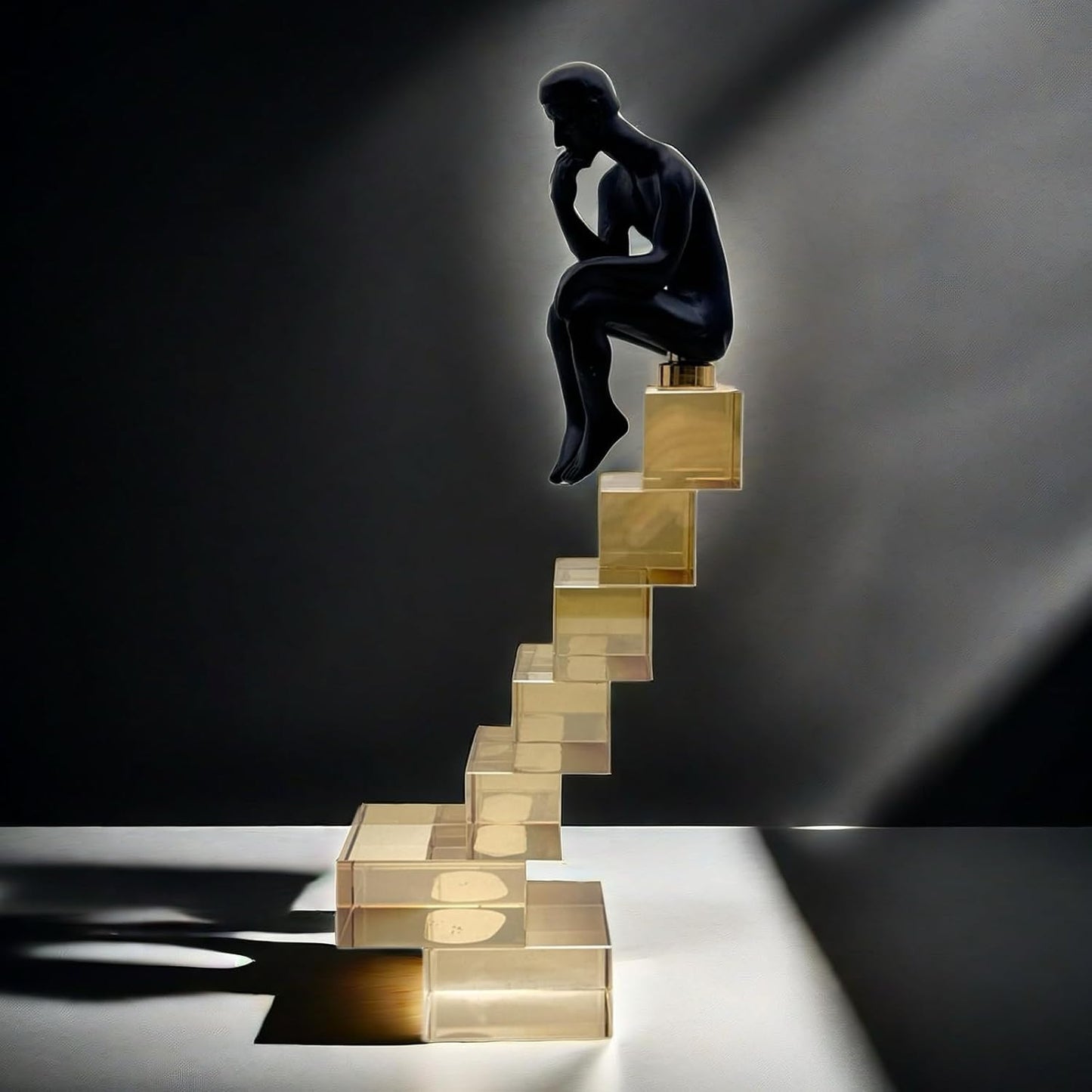 FUNSXBUG 12 Inch The Thinker Statue Thinking Man Statues Sitting on Crystal Glass Stairs Sculptures Collectible Figurine Home Decor Living Room Decoration