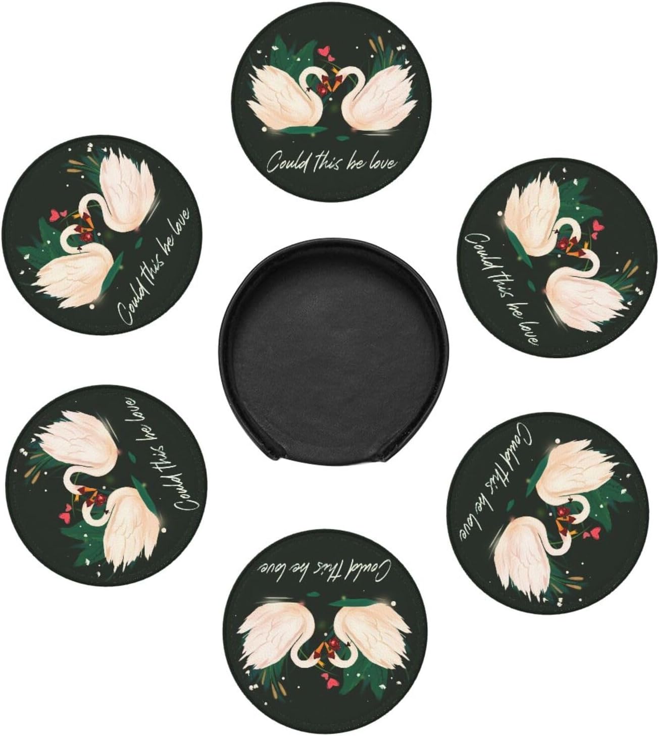 Drink Coasters with Holder Stand Set of 6, Swan Pu Leather Absorbent Coasters with Cork Base Table Round Coaster for Housewarming Apartment Kitchen Bar Decor