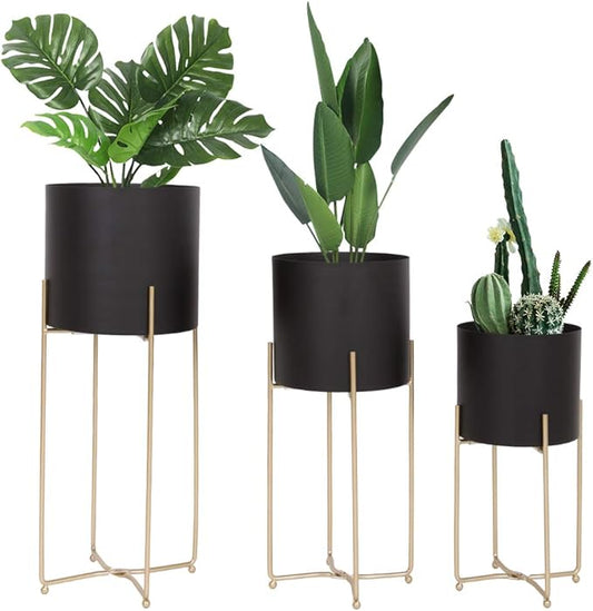 Sinolodo Mid Century Planter with Gold Plant Stand, 3 pcs Modern Planters for Indoor Plants, Metal Floor Planter Set with Foldable Stand(Pack of 3)