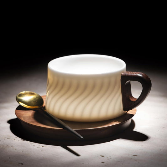 GLLead White Tea Cup and Saucer Set Ceramic Espresso Coffee Cup with Wooden Plate Stainless Spoon 6oz Set of 1 (GL-CS02)