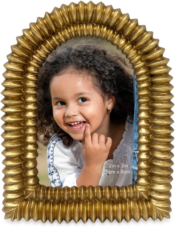 Isaac Jacobs 2x3 Antique Gold Double Bead Arch Photo Frame with Black Fabric Easel, Tabletop, Wall-Mountable, Shelf and Desk, Decorative Art Design, Home Décor (2x3, Antique Gold)