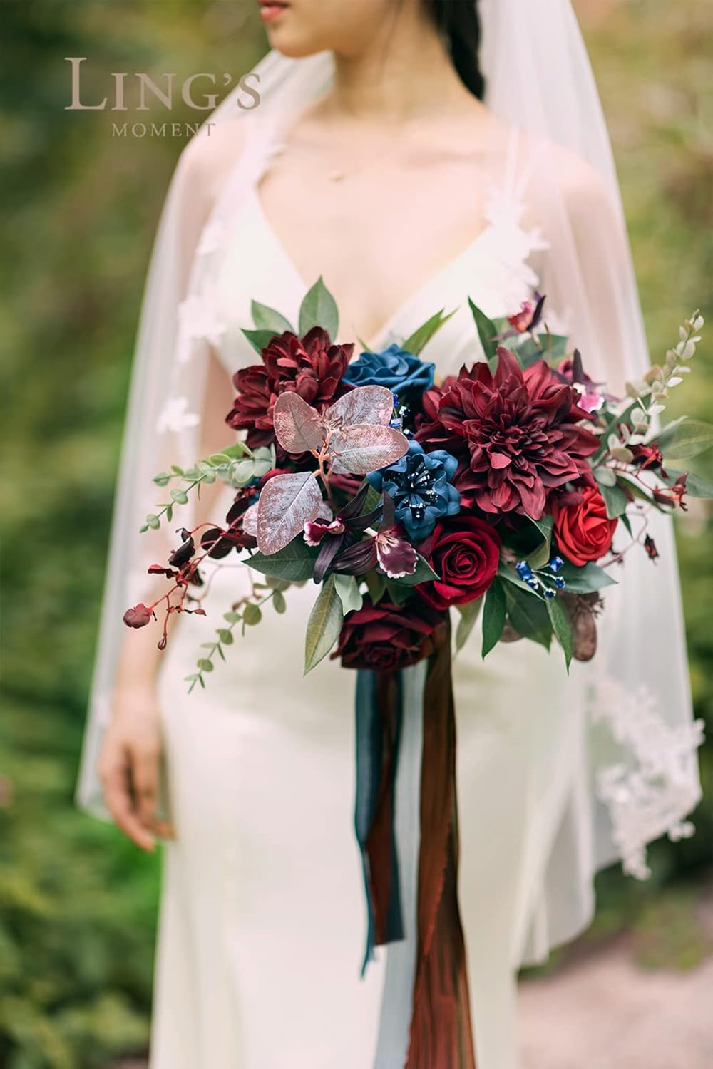 Ling's moment Burgundy Navy Blue Wedding Bouquets for Bride, Jewel Tone Bridal Bouquets for Bride, 13 Inch Free Form Artificial Wedding Flower Bouquet
