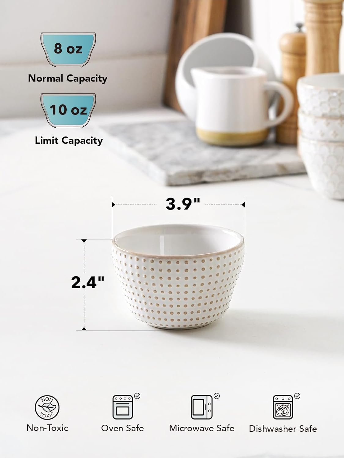 LE TAUCI Small Bowls 8 oz, Dessert Bowl, Ice Cream Bowl for Chili Dipping Sauce Coffee Bouillon, Ceramic Soup Cups - 4 inch, Set of 4, Arctic White