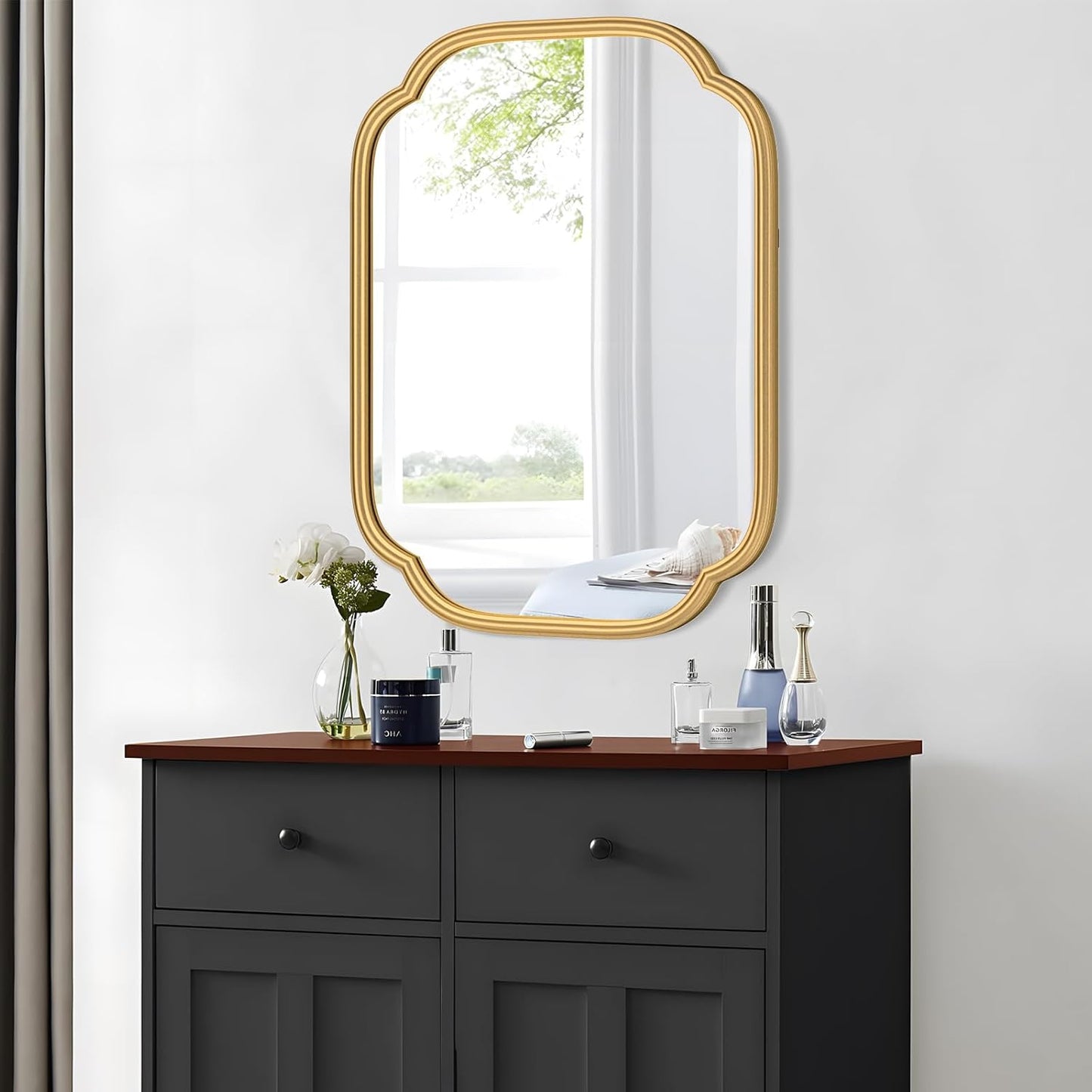 Gold Mirrors for Bathroom, 18" x 24" Rectangular Wall Mirror for Bathroom Metal Frame Farmhouse Rounded Corner Wall Mirror (Horizontal/Vertical)