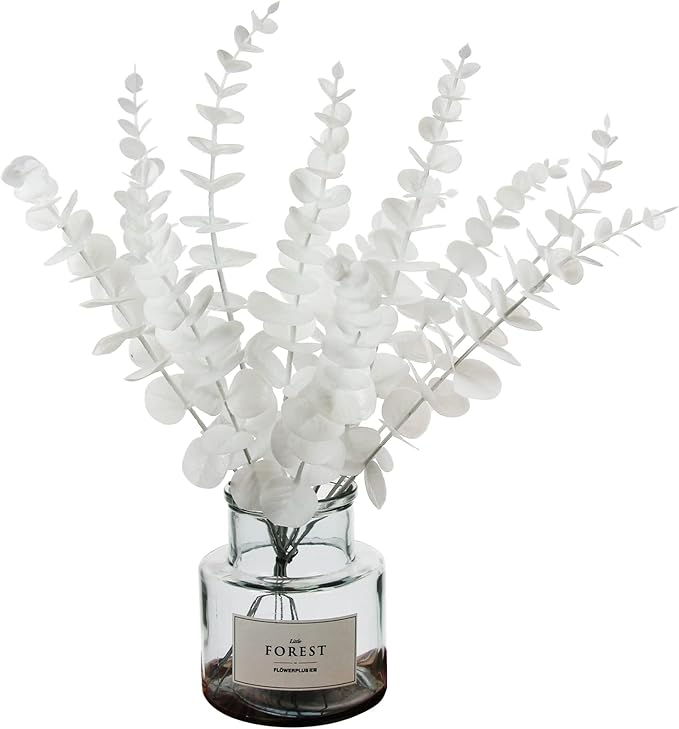 Tinsow 26 Pcs Artificial Eucalyptus Stem Bulk Faux Eucalyptuses Real Touch Leaf Wedding Bouquet Centerpiece Home Decor (White, 26)