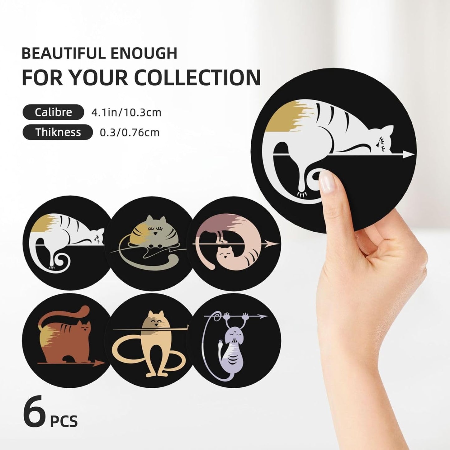 Funny Cat Absorbent Drink Coasters with Holder, Set of 6 Ceramic Coasters with Cork Base for Table Decor