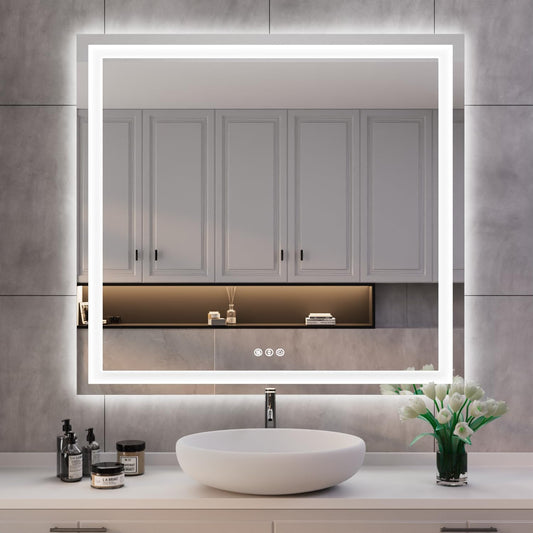 ISKM 40'' x 38'' LED Mirror for Bathroom Lighted Vanity Mirror for Wall Front Lights + Backlit LED Bathroom Mirror Anti-Fog Tempered Glass ETL Listed