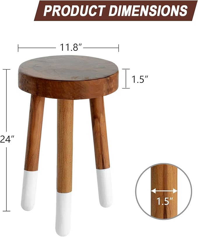 Teak 11.8" Round Dip Dyed Teak Stool | Wood Accent Side Table | Wood Plant Stand (24" Tall White)