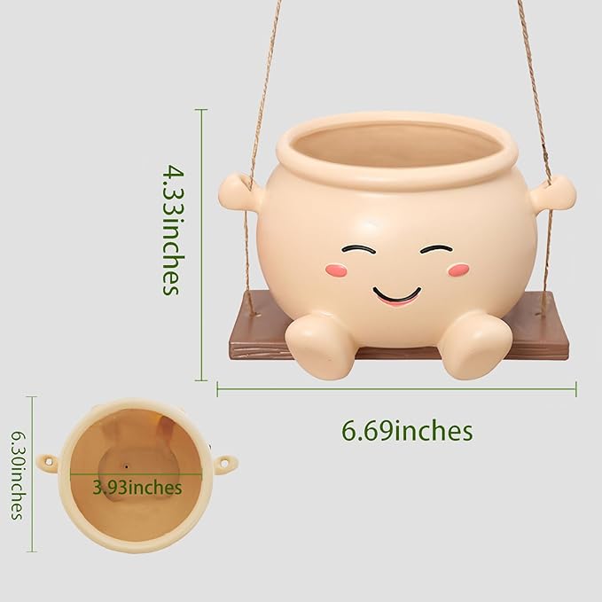 Hanging Planter Swing Smiley Indoor: Cute Glossy Resin Planters Garden - Funny Succulent Pots with Drainage Holes Outdoor
