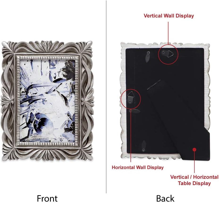 Isaac Jacobs 4x6 Silver Wave Textured Hand-Crafted Resin Picture Frame with Easel & Hook for Tabletop & Wall Display, Decorative Swirl Design Home Décor, Photo Gallery, Art, More (4x6, Silver)