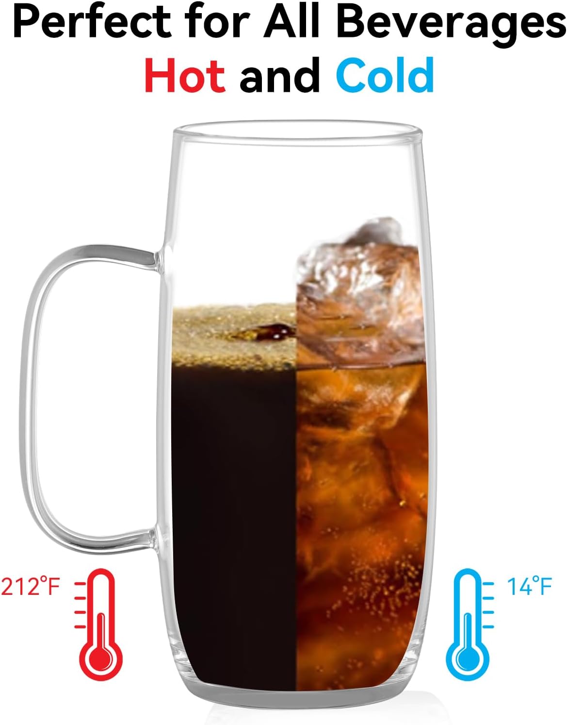 Glass Tea Cups Set of 2-13.5 Oz Clear Borosilicate Teacups with Handle Tea Glasses for Hot/Cold Dishwasher & Microwave Safe Large Coffee Mugs for Cappuccino Latte Juice Espresso Milk