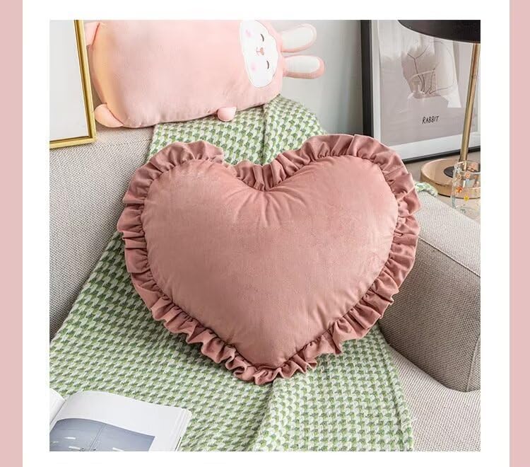 Heart Shaped Throw Pillow,Satin Ruffed Pink Heart Throw Pillows Home Decoration Cushion for Sofa Bed Living Room (20×16inch) Lavender