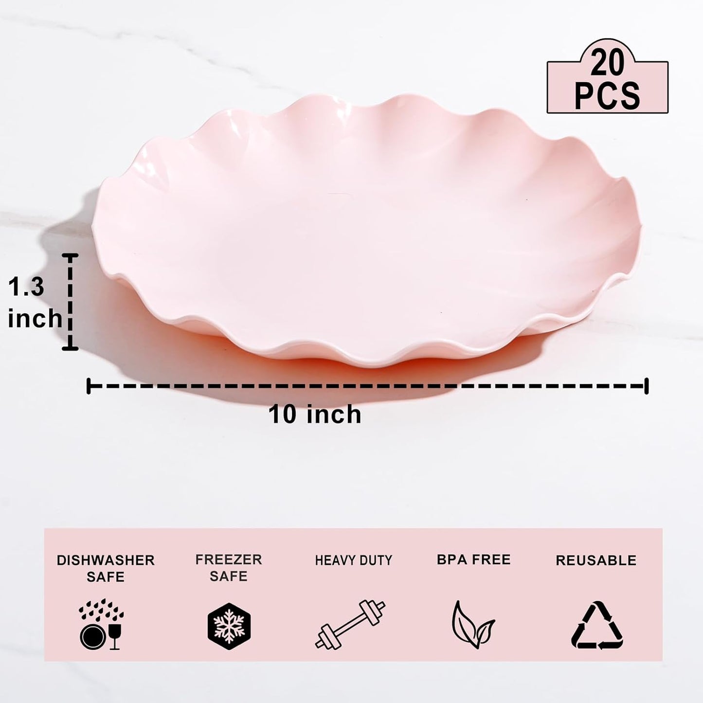 LIYH 20 Pcs 10 Inch Pink Scalloped Plastic Plates Reusable - Unbreakable Plastic Wavy Plates for Weddings Party Outdoor Picnics Dishwasher Safe BPA Free 10" Dinner Plate
