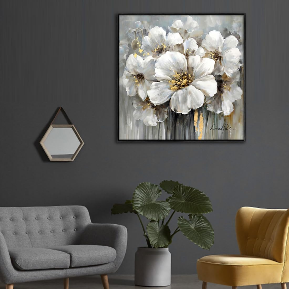 Living Room Flowers Wall Art White and Gray Floral Pictures with Gold on Canvas for Home Decor Framed 30" x 30", Solid Wood Framed