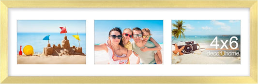 decorUhome 6x20 Picture Frames Collage Wall Decor, Display 3Pcs 4x6 Photos with Mat or 1Pcs 6x20 Unmatted, 3 4x6 Collage Picture Frames for Wall Mounting, Gold