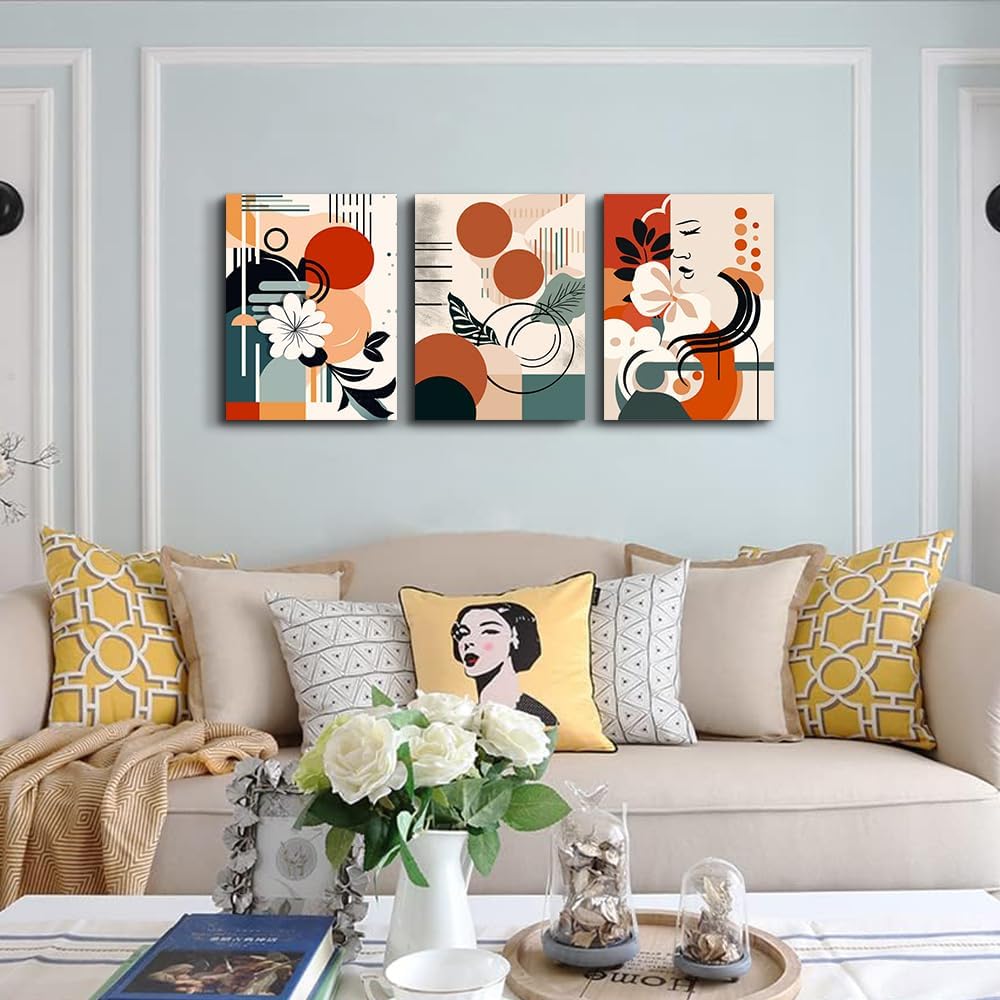 MHARTK66 Canvas Wall Art For Bedroom & Living Room - Boho & Vintage Flowers Wall Painting - Abstract Art - Ready To Hang - Framed Wall Pictures - 3 Panels