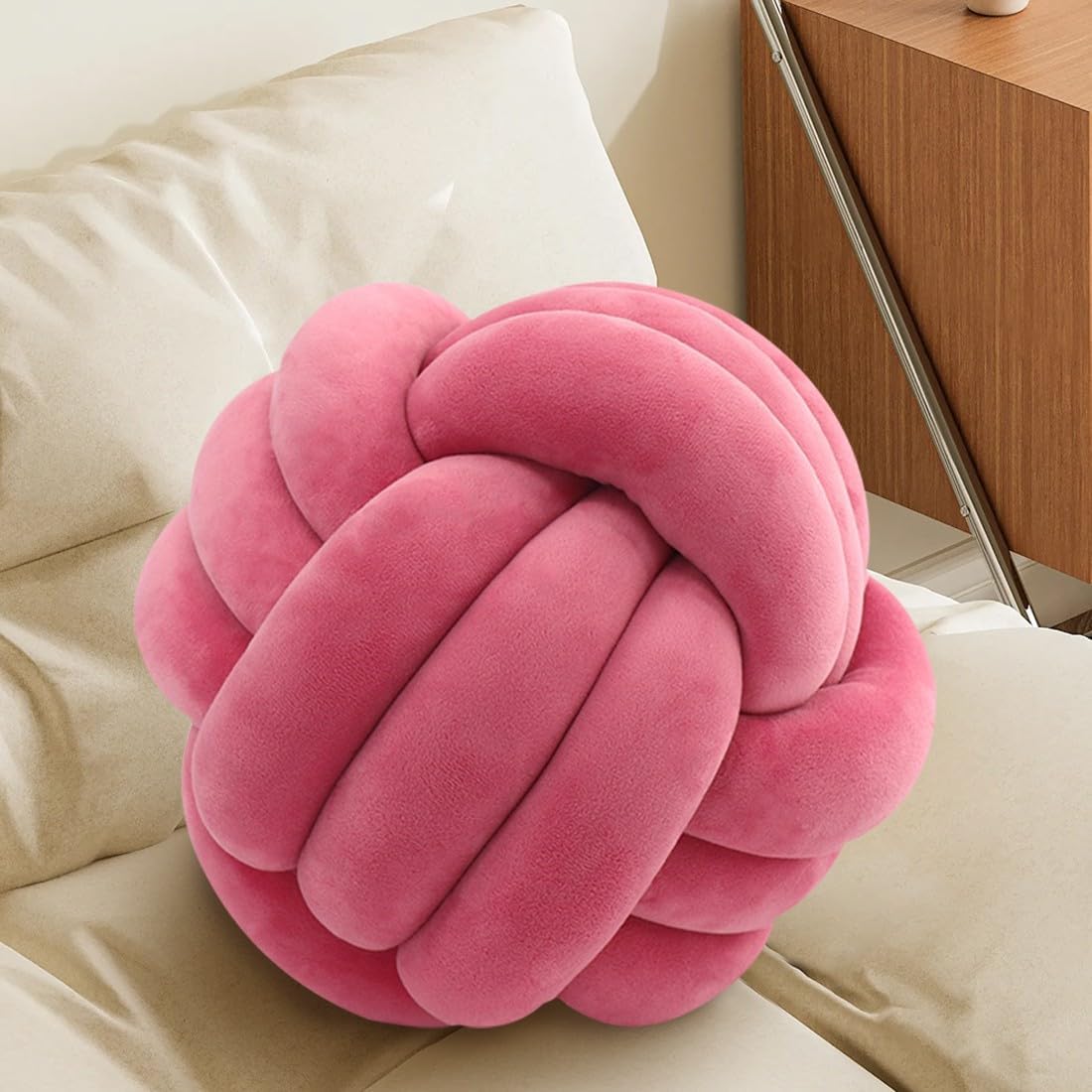 Knot Pillow Ball, Handmade Decorative Throw Pillow, Soft Round Knotted Cushion for Couch & Bedroom, Cute Home Decor, Braided Pillow for Living Room (13.8 Inches, Fuchsia)