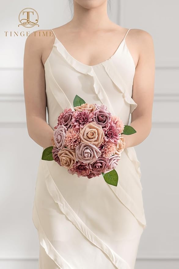 TINGE TIME Dusty Pink Flowers, Dusty Rose Fake Flower Leaf with Stems for DIY Wedding Bouquets Table Centerpieces Baby Shower Home Party Floral Arrangements Decorations