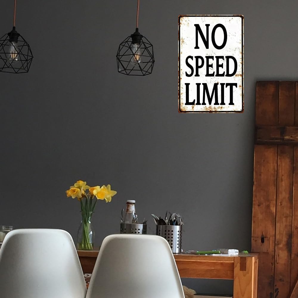No Speed Limit Metal Sign - Vintage Retro Car Wall Decor for Men, Race Car Room Decor for Boys Bedroom, Garage Art, Man Cave Street Signs, Automotive Themed Gift for Teen Adult 8x12 Inch