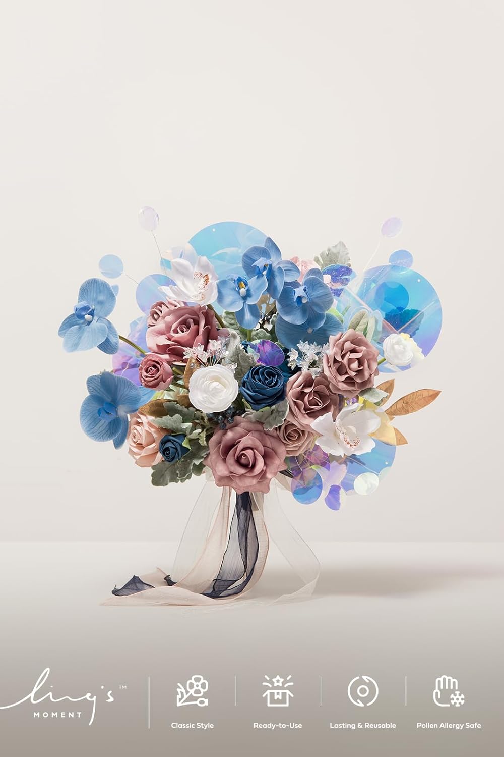 Ling's moment Pink Navy Bridal Bouquet, Dusty Rose Blue Wedding Bouquets for Bride, 15 Inch Silk Free Form Artificial Wedding Flower Bouquet