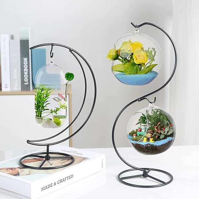 Ornament Display Stand Air Plant Stand Iron Hanging Stand Flower Pot Stand Rack Holder for Hanging Glass Globe Witch Ball Terrarium Christmas Ornament and Home Wedding Decoration(Black) (Moon)