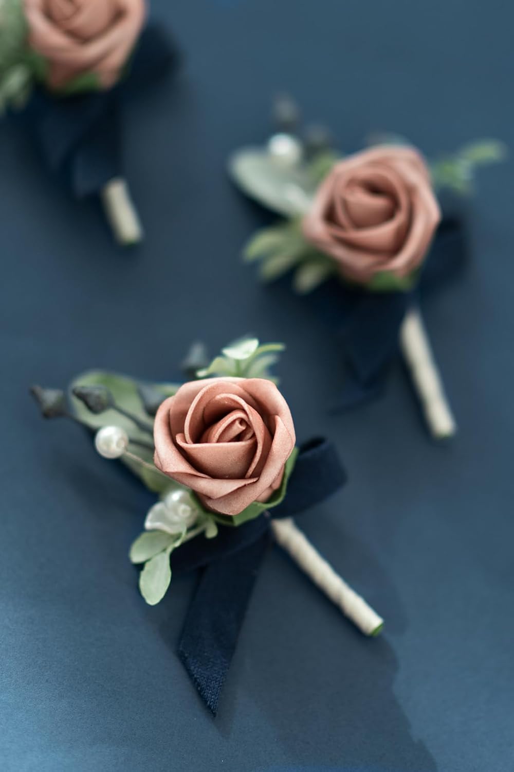 Ling's Moment Boutonniere for Men, 10pcs Groomsmen Guest Boutonniere, Artificial Flowers for Wedding Décor/Prom/Homecoming,etc.Dusty Rose Navy Blue
