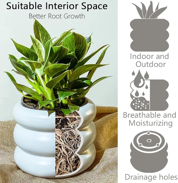 4.7 Inch Modern Plant Pot White Ceramic Glaze Succulent Planters for Indoor Unique Pots, Planter with Drainage Holes Small Bubble Porcelain for Herb Snake Plants