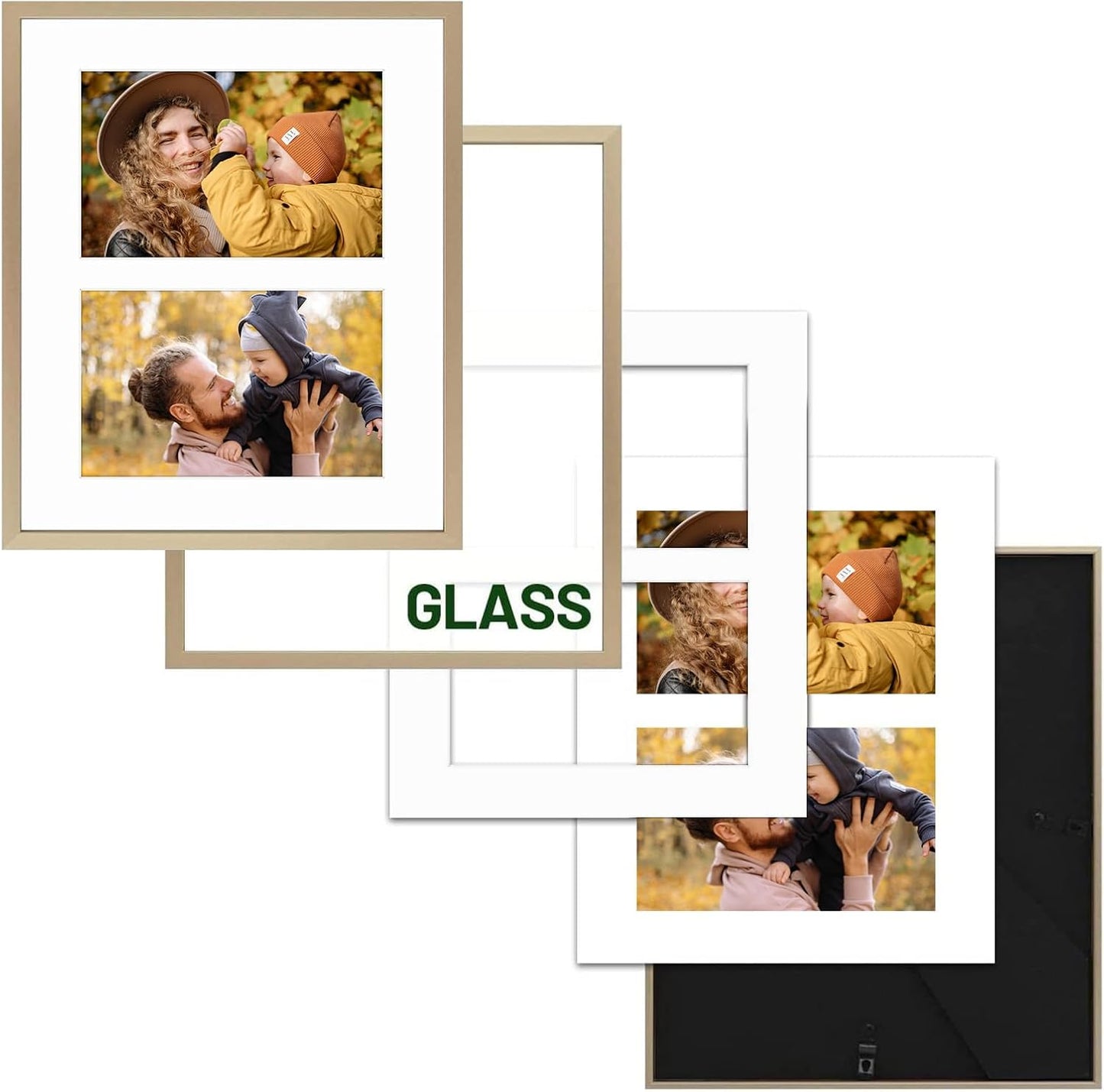 Frametory - 8x10 Aluminum Collage Picture Frame - Display 4x6 Pictures with 2 Openings Mat - Real Glass Front - with Easel Stand for Horizontal/Vertical Wall Mount - Gold 1 Pack