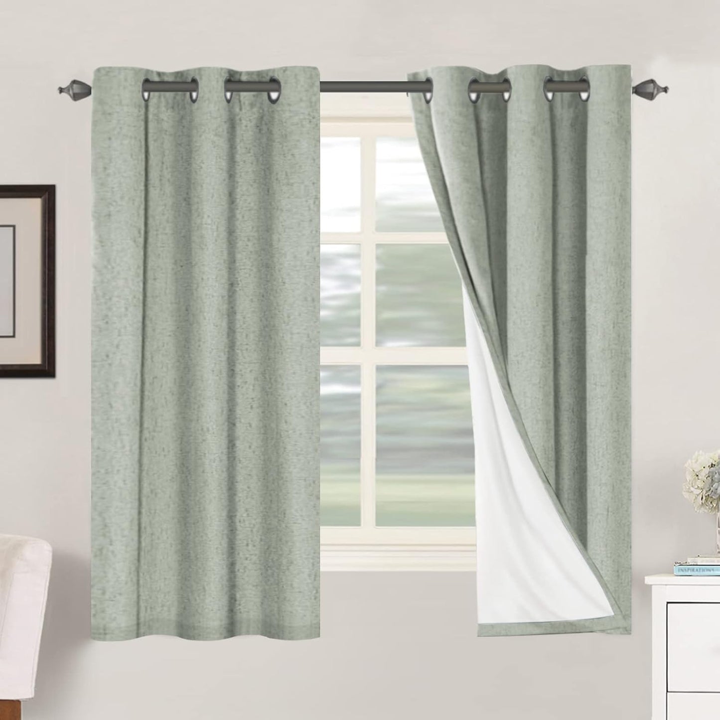 H.VERSAILTEX Primitive Linen Curtains 100% Blackout Curtain Drapes Burlap Fabric Curtains with White Thermal Insulated Liner, Grommet Top Drapes Living Room/Bedroom (2 Panels, 42 x 63 Inch, Sage)