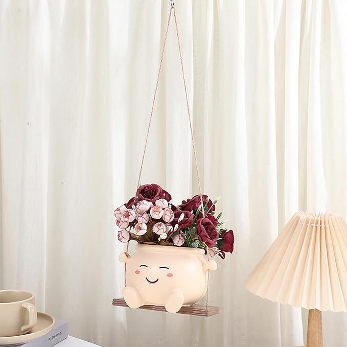 Hanging Planter Swing Smiley Indoor: Cute Glossy Resin Planters Garden - Funny Succulent Pots with Drainage Holes Outdoor
