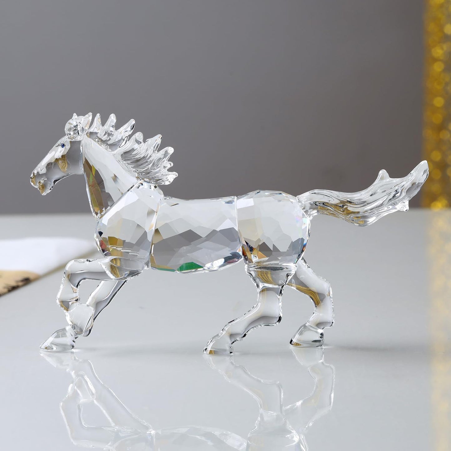 Crystal Horse Realistic Animal Art Figurine Collection Table top Ornament Statue Home Decor (White)