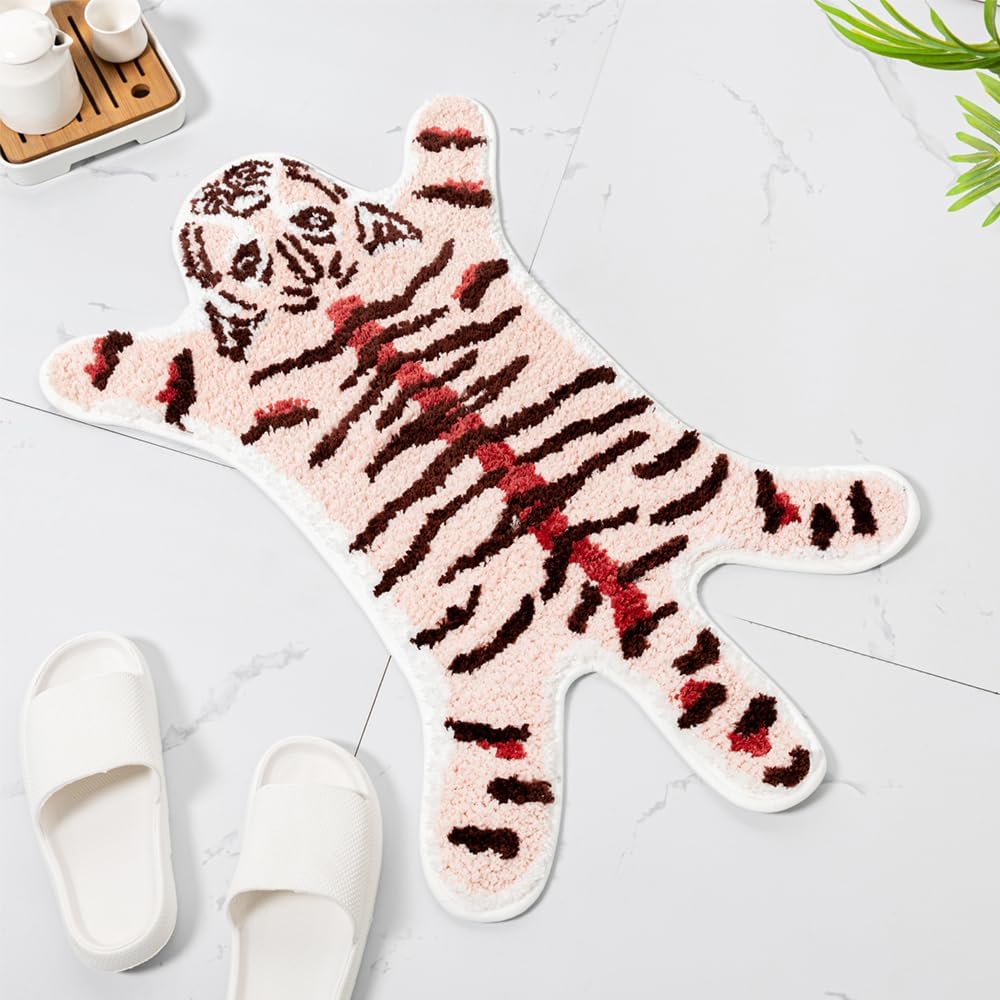 Huichenxing2021FURSTORE Funny Tiger Bath Mat - Cute Peach Pink Tiger Cartoon Bathroom Non Slip Animal Shaped Absorbent Small Bathtub Rug, Plush Shower Rug 33.1x21.7in