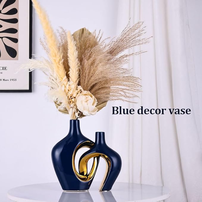 Blue Hollow Ceramic Vases Set of 2 - Modern Nordic Boho ins Style Vases for Decor, Decorative Pampas Grass Flower Vases for Wedding, Living Room, Office, Entrance, Dining Table Decor Centerpieces