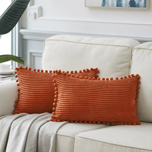 Fancy Homi 2 Pack Burnt Orange Lumbar Decorative Throw Pillow Covers 12x20 Inch with Pom-poms for Couch Bedroom Sofa, Soft Corduroy Rectangle Cushion Case 30x50 cm, Farmhouse Boho Fall Home Decor