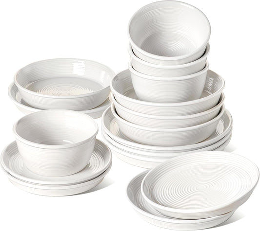 LE TAUCI 16-Piece Ceramic Dinnerware Set with Pasta Bowls (30 oz), Service for 4 – White Farmhouse Plates & Dishes (10" Dinner, 8" Salad, 6" Bowls, 8.5" Pasta) for Housewarming, Wedding Registry Gift