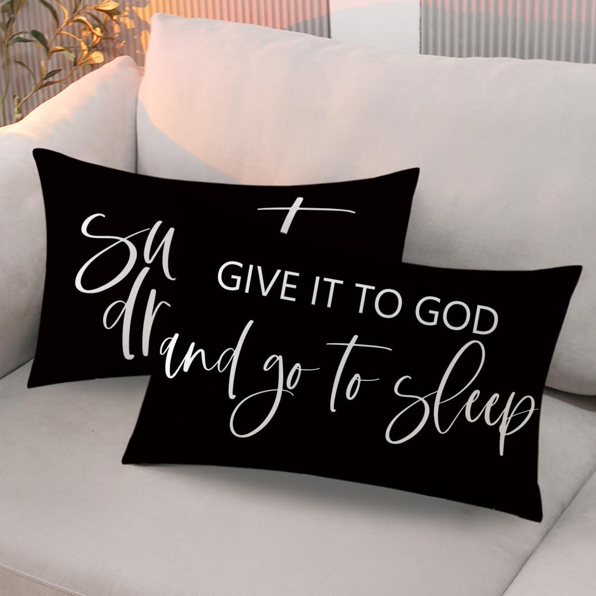 Bedding Decorative Pillowcases Reversible Give It to God and Go to Sleep Cushion Covers Sleep Themed Throw Pillow Covers 12''x20'' for Bedroom Guest Room Housewarming Gifts (Black)