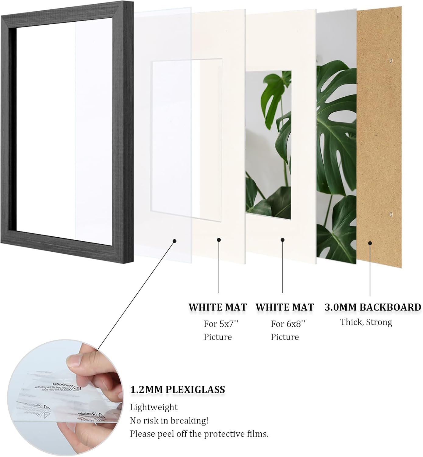 Egofine 8x12 Picture Frames Set of 4, Made of Solid Wood Covered by Plexiglass 5x7 and 6x8 with Mat or 8x12 without Mat, for Table Top Display and Wall Mounting Photo Frame Rustic Black