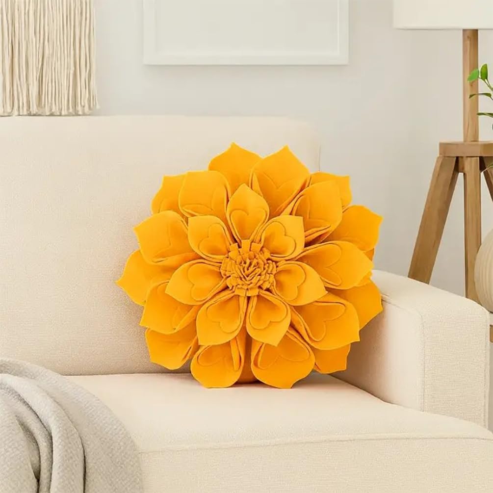 Fennco Styles Handmade 3D Heart-Shaped Petals Flower Decorative Throw Pillow Cover Only - 13" Round Gold Floral Pillow Case for Couch, Home Décor and Holiday, Housewarming Gift