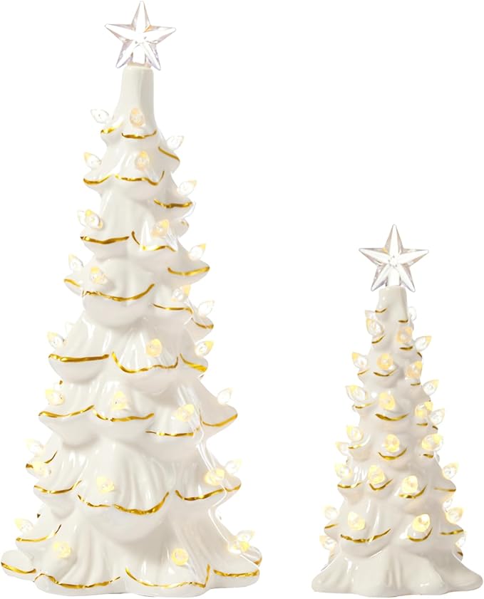 WDS WONDROUS Ceramic Christmas Tree Tabletop - White and Gold Accents 2PCS Table Top Christmas Trees with Lights Prelit - Small Xmas Tree Figurines Home Mantel Desk Centerpieces