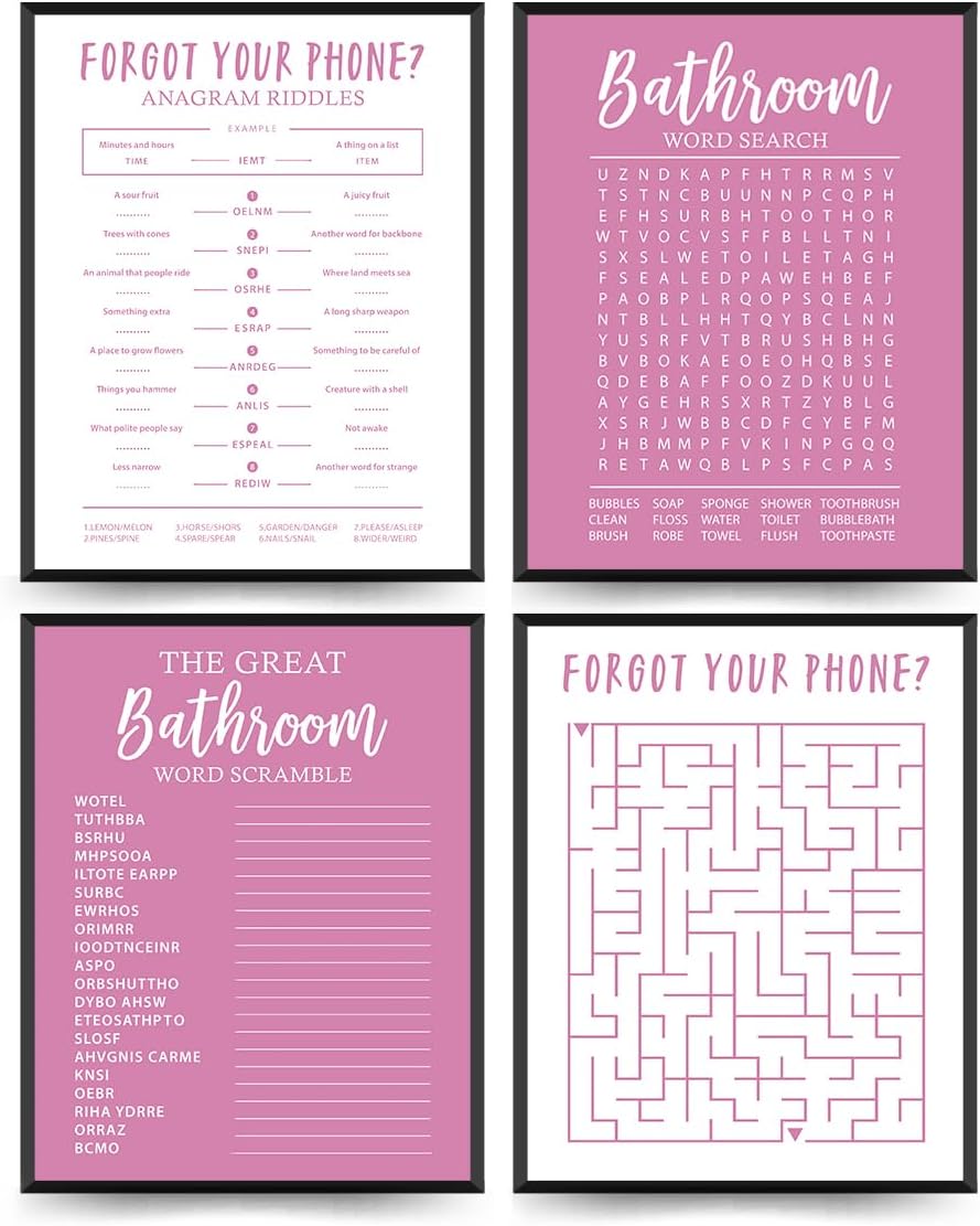 ETVISO Funny Pink Bathroom Decor Wall Art Set of 4, Funny Crossword Puzzle Wall Art, Funny Forget Your Phone, Bathroom Word Search Wall Decor, 8x10 (Unframed)