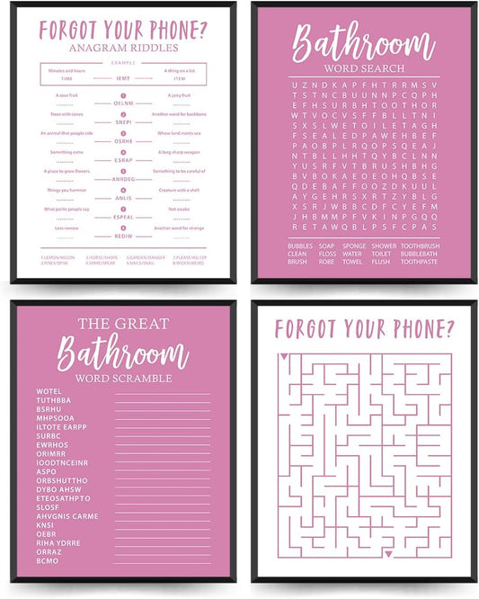 ETVISO Funny Pink Bathroom Decor Wall Art Set of 4, Funny Crossword Puzzle Wall Art, Funny Forget Your Phone, Bathroom Word Search Wall Decor, 8x10 (Unframed)