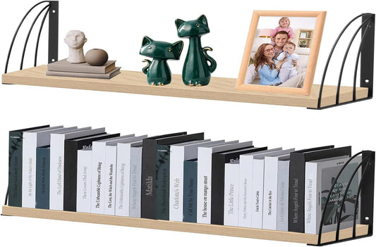 Long 48 Inch Oak Wall Bookshelf- Curved Fan-Shaped Design with Built-in Anti-Slip Book Stops|0.71" Thicker Heavy Duty White Oak Floating Shelves|Floating Book Shelf for Wall,Home Décor Set of 2