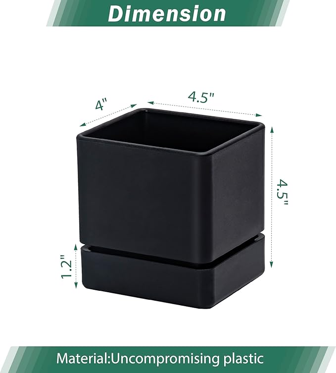 4 Inch Herb Planter Pot, Plastic Planter with Drainage Holes and Saucer, Modern Decorative Gardening Pot for Indoor Plants, Flowers, Herbs, Succulents, Black, Set of 1, 76-Y-B-1