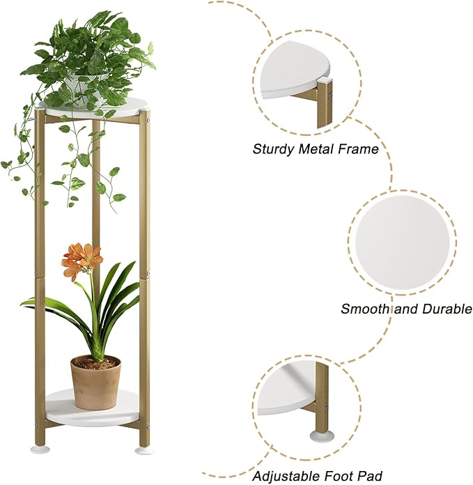 Plant Stand Indoor Corner Tall 2 Tier Metal Modern Flower Storage Plant Shelf Holder for Living Room Balcony Garden,Gold (2 Tier-Gold Round)