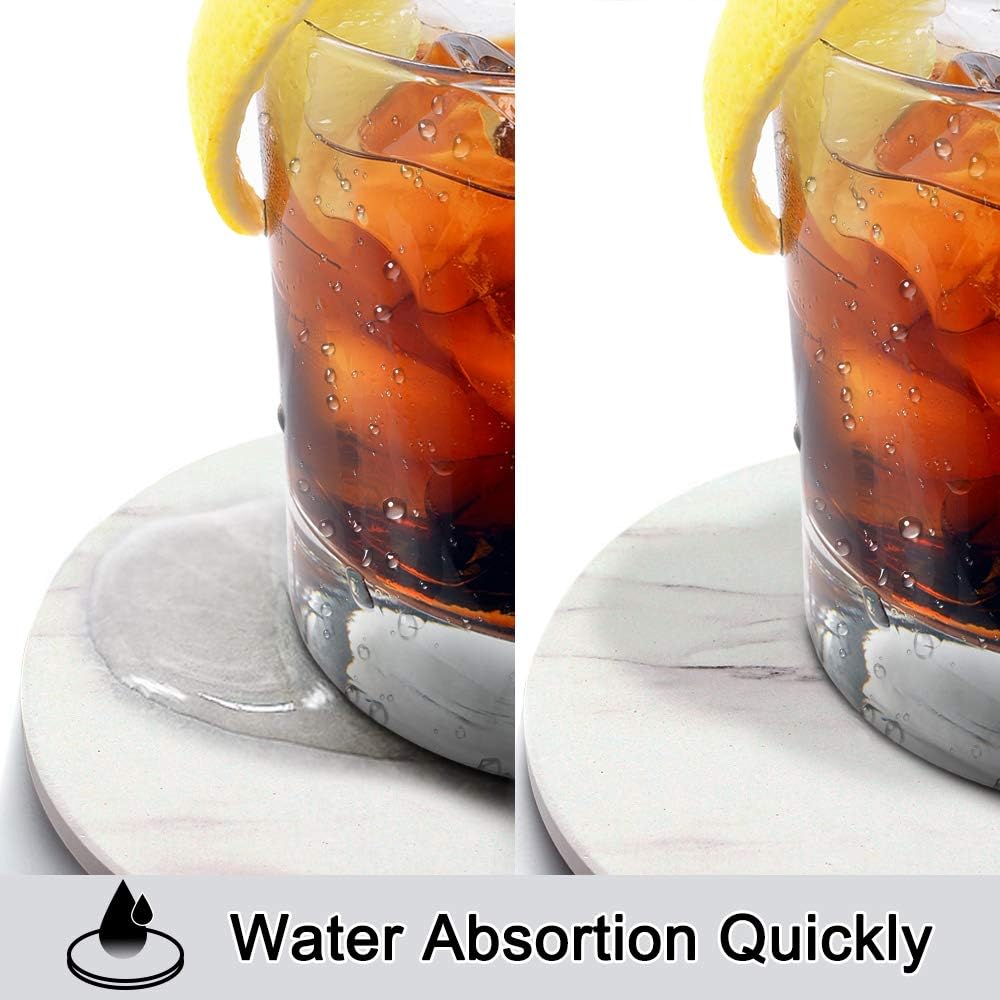 EAGMAK Set of 8 Coasters for Drinks, Absorbent Marble Style Ceramic Drink Coaster with Holder for Coffee Wooden Table Home Decor (White)