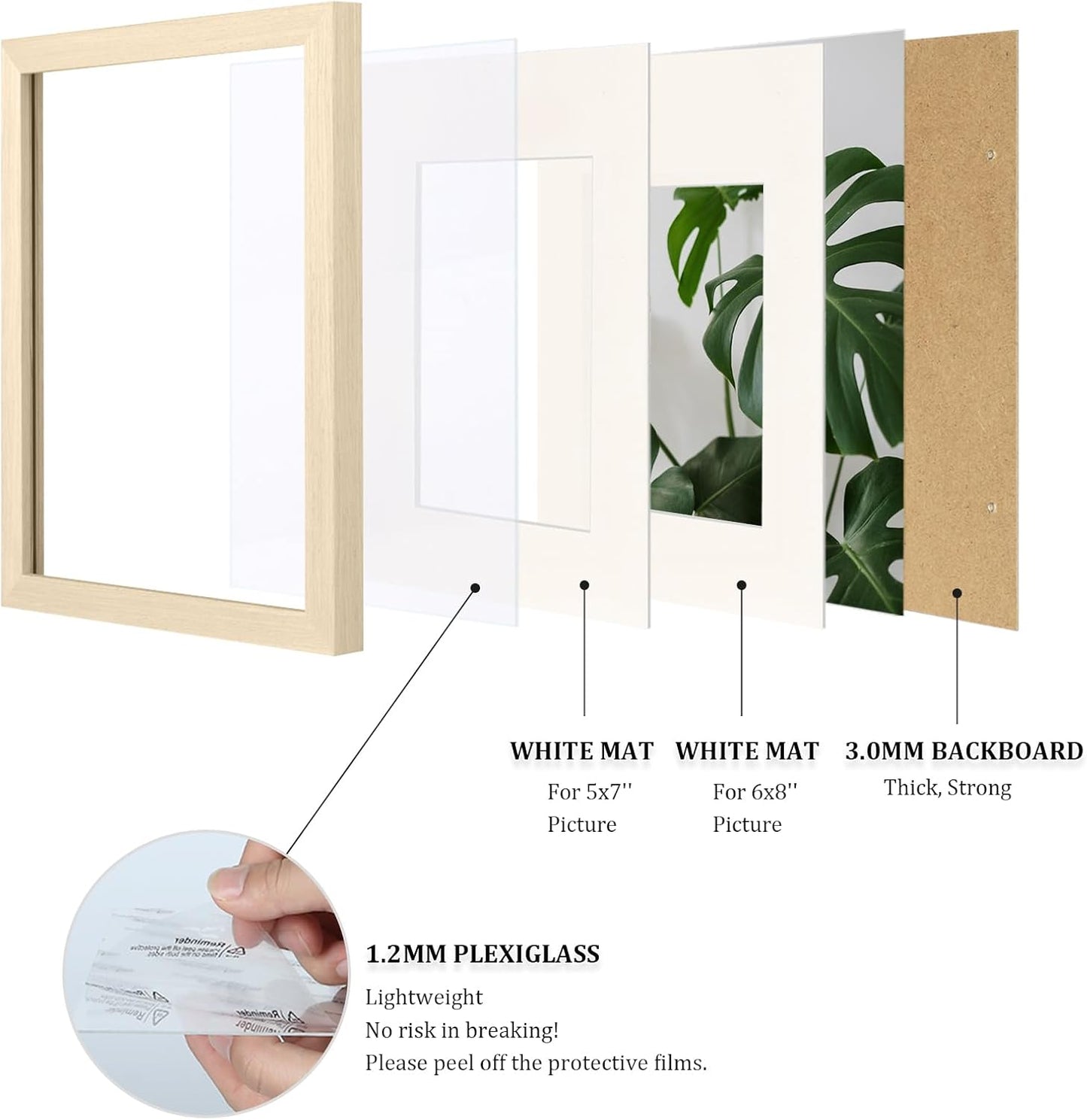 Egofine A4 Picture Frames Set of 4, Made of Solid Wood Covered by Plexiglass 4x6 and 6x8 with Mat or A4 without Mat, for Table Top Display and Wall Mounting Photo Frame Oak Wood