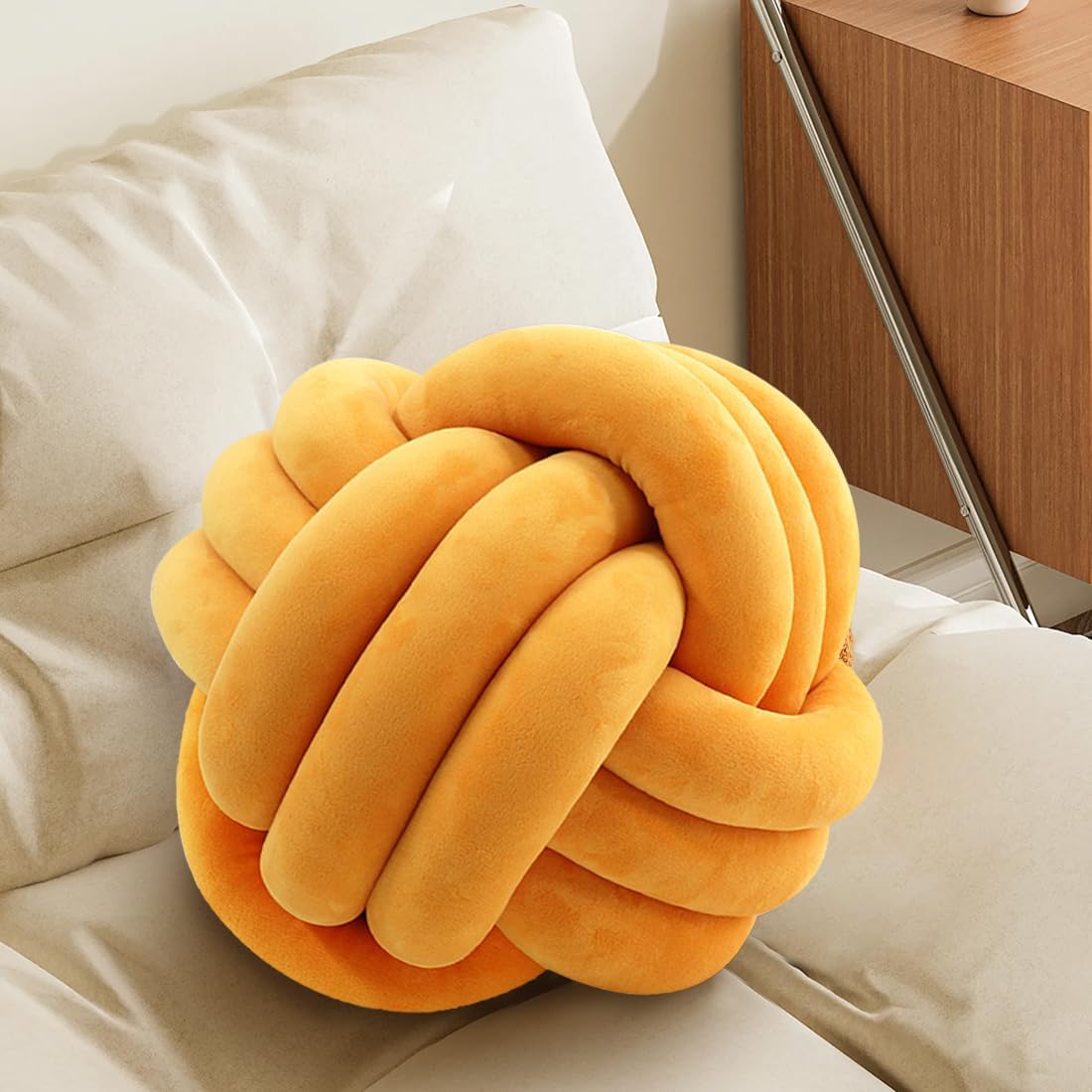 Knot Pillow Ball, Handmade Decorative Throw Pillow, Soft Round Knotted Cushion for Couch & Bedroom, Cute Home Decor, Braided Pillow for Living Room (10.6 Inches, Orange)