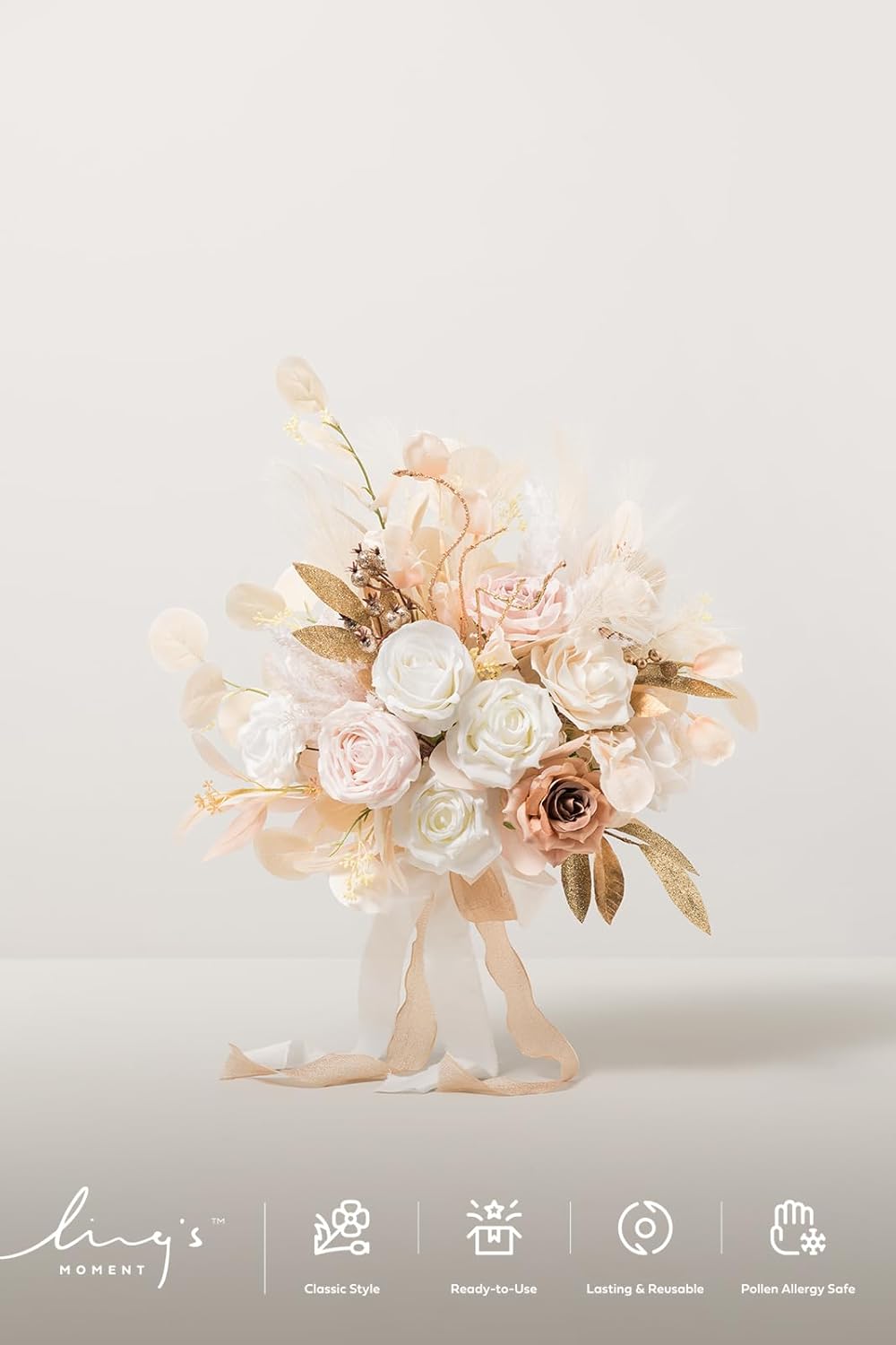 Ling's Moment Boho Wedding Bouquets for Bride, White Beige and Gold Bridal Bouquets for Bride, 15 Inch Free Form Artificial Wedding Flower Bouquet